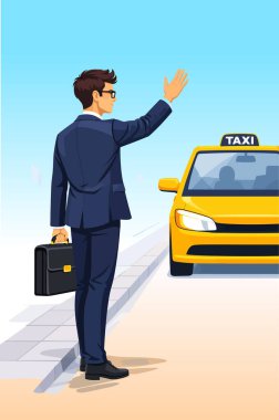 Takım elbiseli bir işadamı evrak çantası tutuyor, sokakta sarı bir taksi çağırıyor.