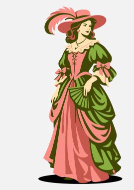 Klasik barok bir elbise ve elinde yelpaze tutan tüylü bir şapka giymiş bir kadın.