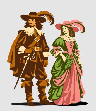 Tüylü şapkaları ve kılıçları olan tarihi barok kostümlü soylu bir çift.