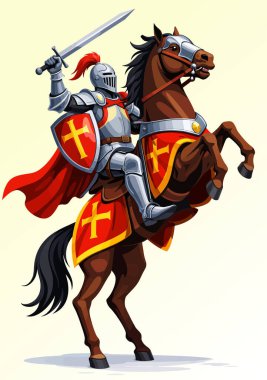 Zırhlı ve kılıçlı Ortaçağ şövalyesi görkemli bir ata biniyor.