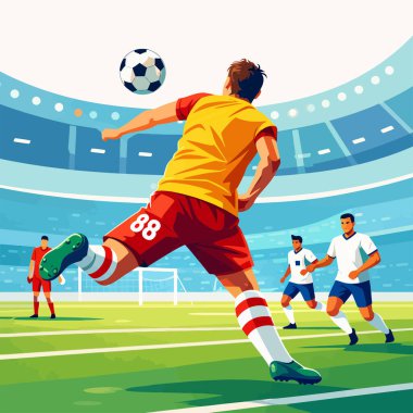 Futbolcu bir stadyumda şampiyonluk maçında topa vurmaya hazırlanıyor.