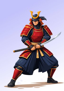 Geleneksel kırmızı zırh ve miğfer kuşanmış Samuray savaşçısı Katana kılıcını savaş pozisyonunda tutuyor.