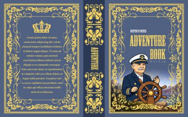 Ahşap tekerleği ustalıkla kullanan bir gemi kaptanının olduğu denizcilik macera kitabı kapağı. Kullanılmış yapay zeka yok