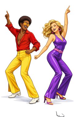 Çeşitli çiftler dans ediyor, disko çağının enerjik enerjisini ve modasını kucaklıyorlar.