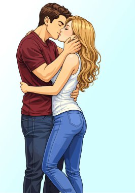 Öpüşen genç çift romantik bir aşk yaşıyor.