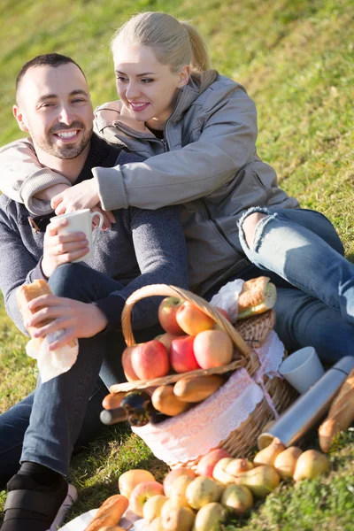 Manželé, postává na piknik venku — Stock fotografie