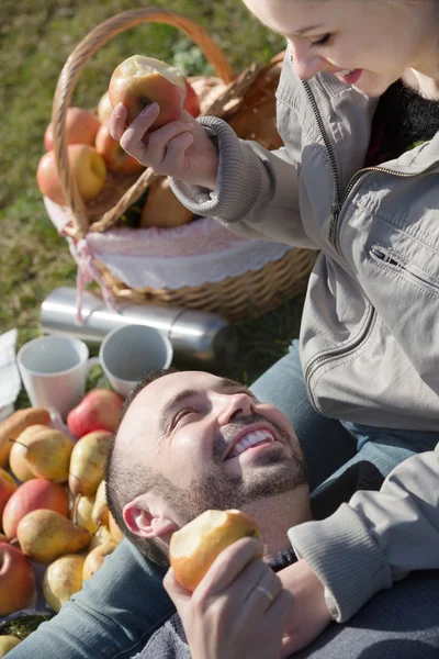 Adultos com maçãs na natureza — Fotografia de Stock