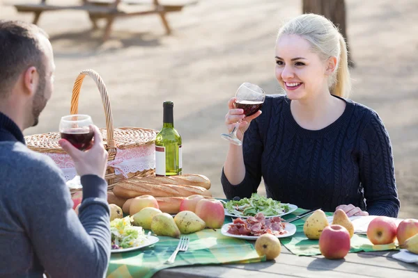 Pareja bebiendo vino y hablando en el picnic —  Fotos de Stock