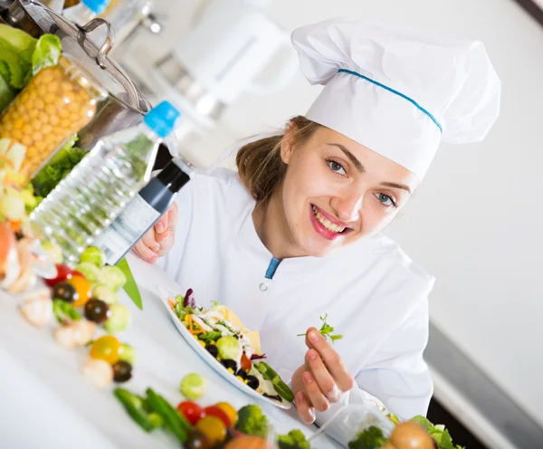 Chef with vegetables and herbs salad indoors — Stock Photo, Image
