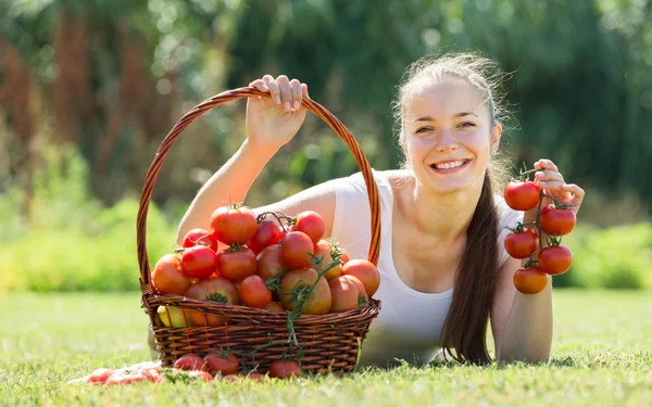 Kvinna med korg skördat tomater — Stockfoto