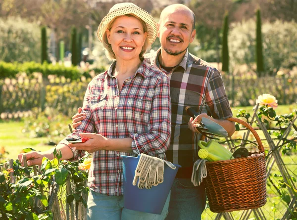 Anziani coppia giardinaggio nel cortile — Foto Stock