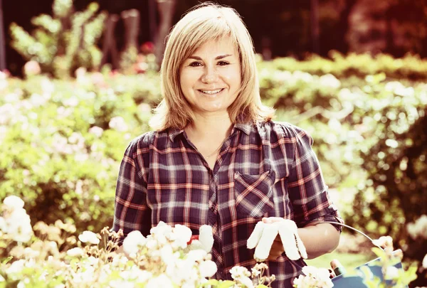 woman trimming plant with white flowers