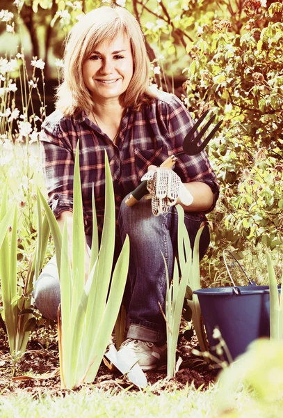 Mujer madura plantando lirio — Foto de Stock