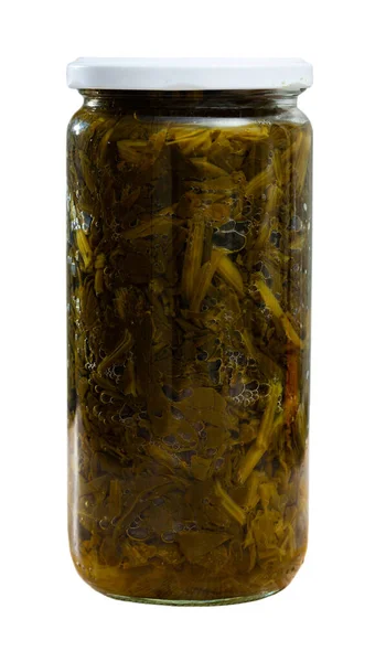 Espinacas verdes enlatadas en frasco de vidrio —  Fotos de Stock