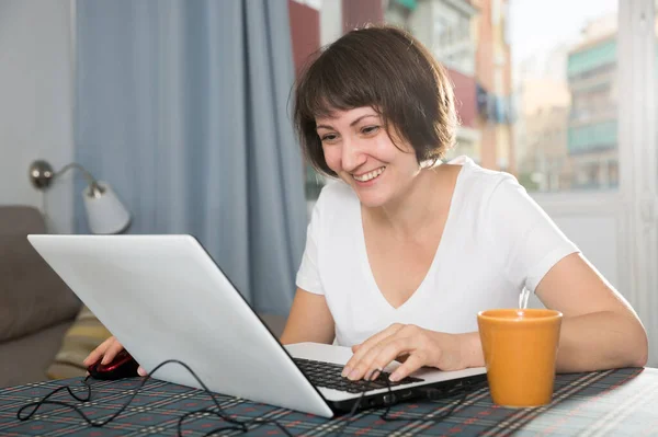 Frau surft mit Laptop im Internet — Stockfoto