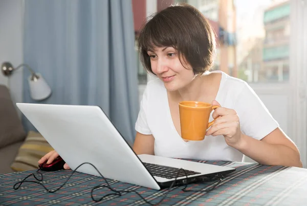 Mulher navegando na Internet usando laptop — Fotografia de Stock