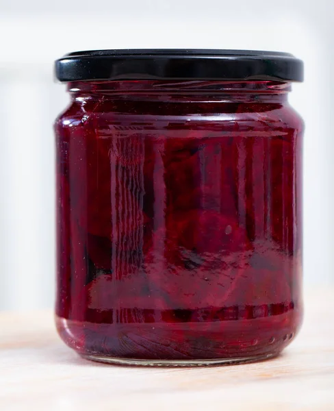 Glass jar of homemade pickled beetroot — Stock Photo, Image