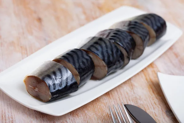 Delicious appetizer - light-salted mackerel on the dining table — Stock Photo, Image