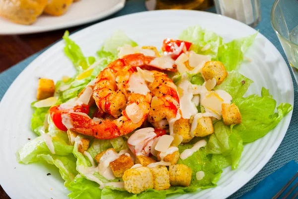 Salada Caesar com camarão, alface, molho e queijo — Fotografia de Stock