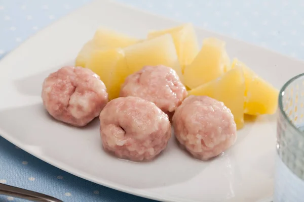 Diet food, tasty steamed meatballs with potatoes at plate — Stock Photo, Image