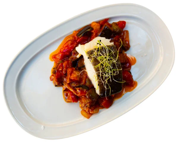 Cod confit with vegetable ratatouille on plate — Stock Photo, Image