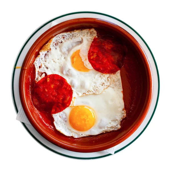 Desayuno con huevos revueltos, salchichas y tomates — Foto de Stock