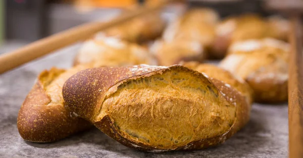 Frisch gebackenes warmes Krustenbrot, Nahaufnahme — Stockfoto