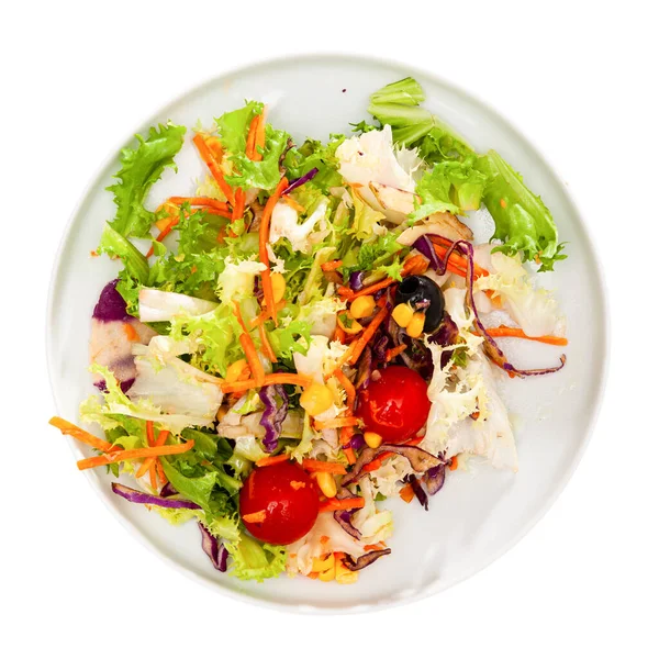 Salad with lettuce, tomato, corn and olives — Stock Photo, Image