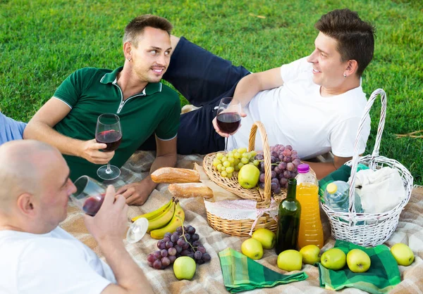 三个男人朋友在户外野餐，享受生活 — 图库照片