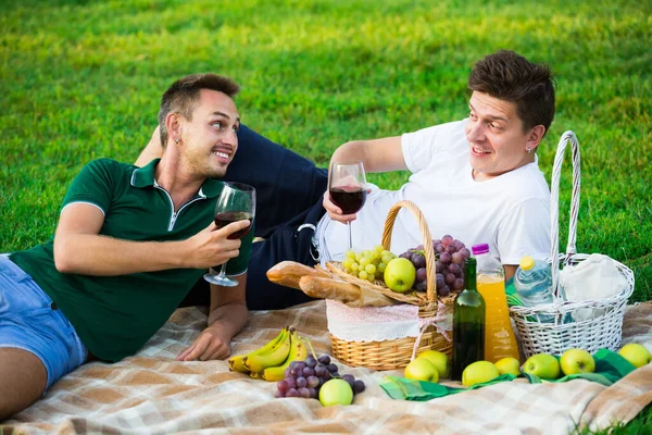 Hombres bebiendo vino en el picnic —  Fotos de Stock