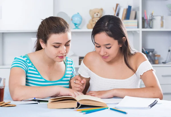 Dos compañeros de clase haciendo deberes juntos — Foto de Stock