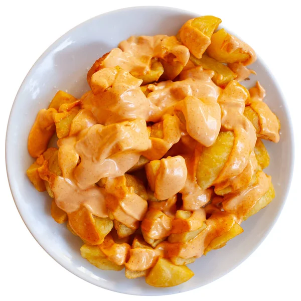 Spicy fried potatoes Patatas bravas with sauces — Stock Photo, Image