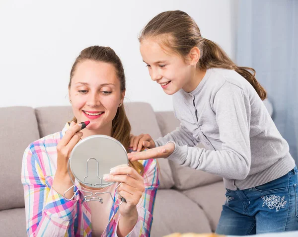 Girl and cheerful female looking mirror — Stock Photo, Image