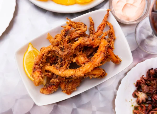 Collation traditionnelle à la bière espagnole - tentacules de calmar cuit au four — Photo