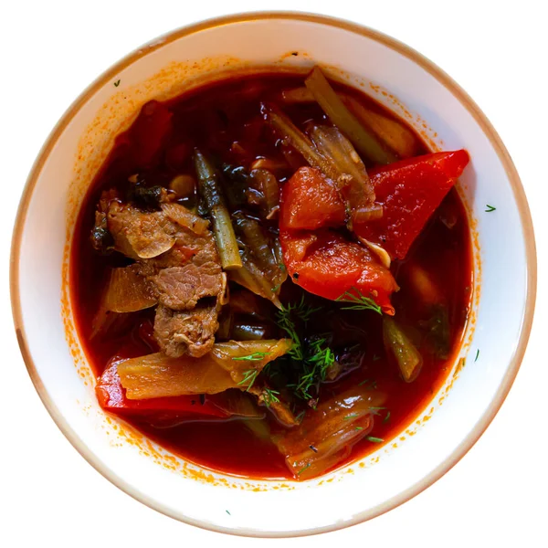 Thick spicy laghman with lamb meat, vegetables and noodles — Stock Photo, Image