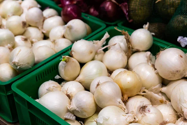 Cebola vermelha e branca no supermercado — Fotografia de Stock