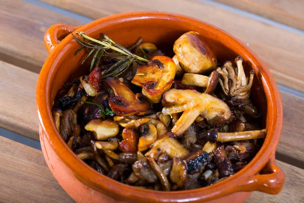 Savoureux champignons différents cuits à la casserole d'argile à table — Photo