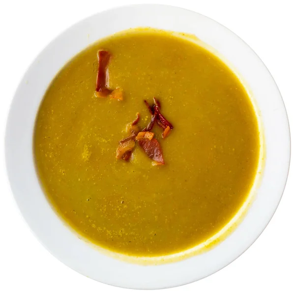 Grädde soppa av grönsaker garnerade med gammon skivor — Stockfoto