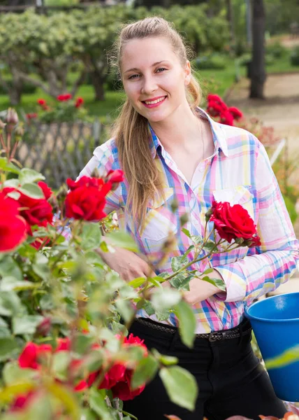 Jonge vrouw met een mand en staan in het park van rozen — Stockfoto