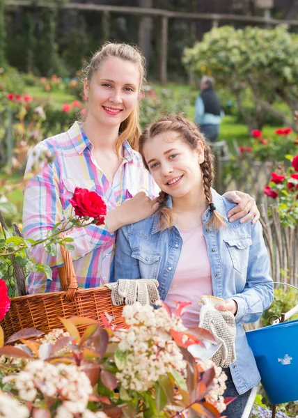 Donna e adolescente in possesso di un cesto e in piedi nel parco di rose. — Foto Stock