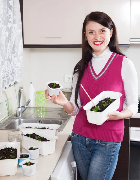 Donna felice con piantine in cucina a casa — Foto Stock