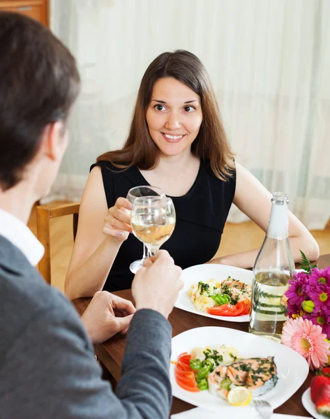 Woman having romantic dinner with guy — Stock Photo, Image