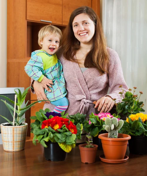 Женщина садовница с цветущими растениями — стоковое фото