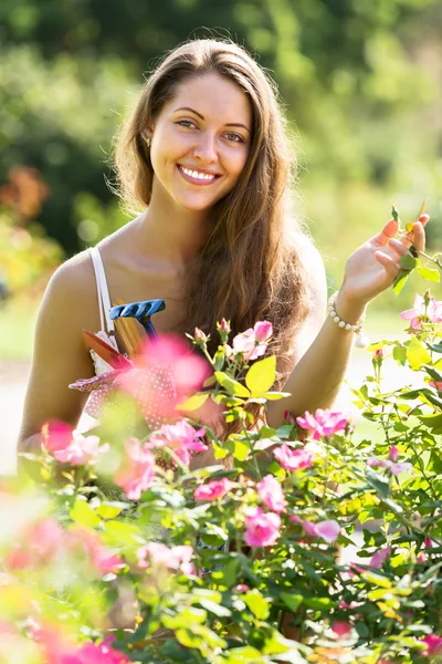 Vrouwelijke bloemist in zomertuin — Stockfoto