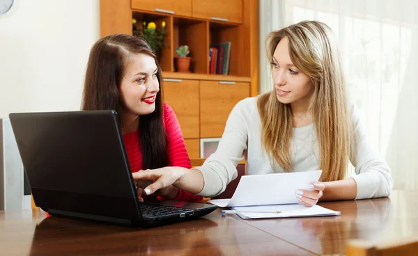 Women looking financial documents in laptop — Stock Photo, Image