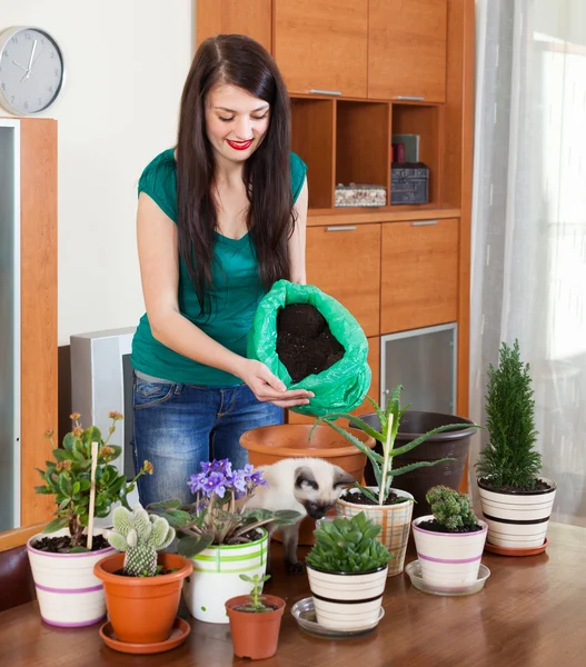 Flicka omplantering av krukväxter blommor — Stockfoto