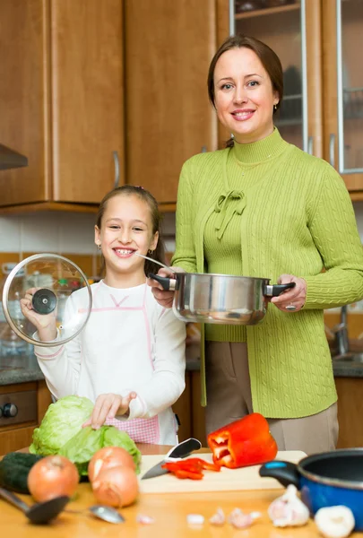 Tjej och mamma med gryta — Stockfoto