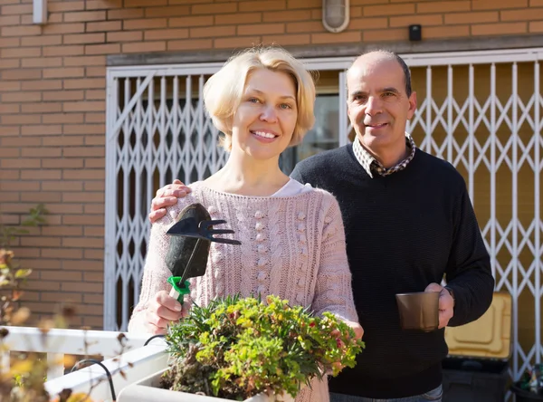 Oameni maturi vorbind la balcon — Fotografie, imagine de stoc