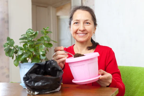 Donna lavora con vasi di fiori — Foto Stock