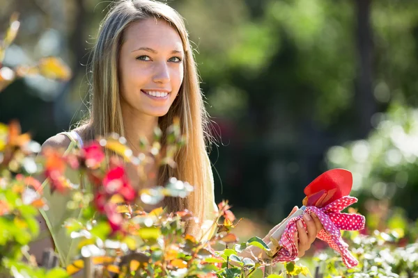 Vrouwelijke bloemist werken in tuin — Stockfoto